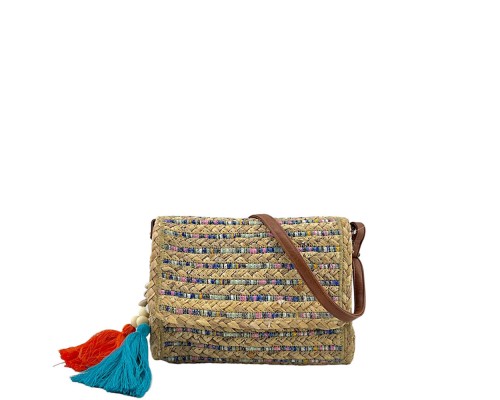 Bolso Bandolera Rafia Borla Con Abalorios Solapa